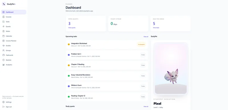 StudyPet+ dashboard with upcoming tasks and the study pet